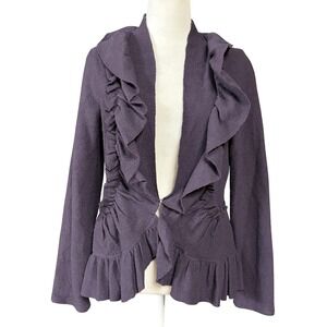 Charlie & Robin Cardigan Womens Medium Purple Ruffle Wool‎ Sweater Jacket Hooks